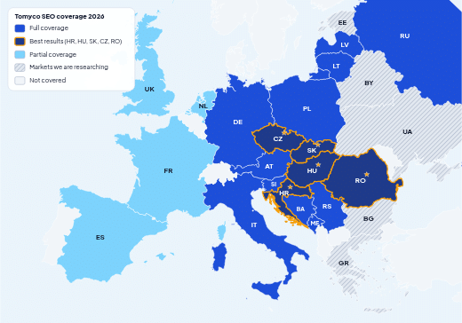 Zemljevid Evrope z državami, ki jih pokriva Tomyco: Slovenija, Hrvaška, Italija, Avstrija, Nemčija, Madžarska, Češka, Slovaška, Poljska, Romunija, Srbija in druge